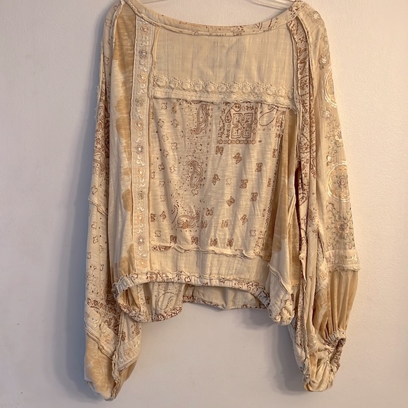 Free people Boom Boom Patchwork Embroidery Blouse Shirt Boho Neutral Open Back - Picture 6 of 13